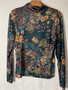 Floral Mock-Neck Mesh Top in Dark Teal